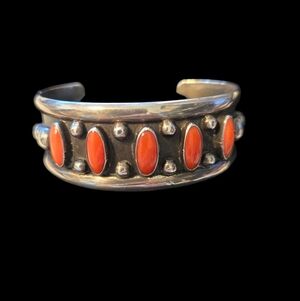 Sterling Silver Cuff Bracelet with Orange Coral Accents. Vinrage Navajo.